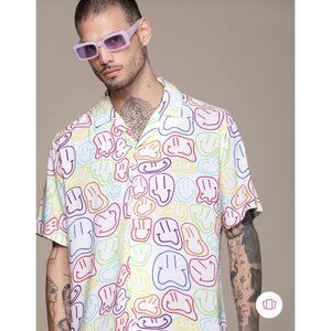 Romwe Mens Short Sleeve Button-Up Shirt With Colorful Smiley Face Print Size S